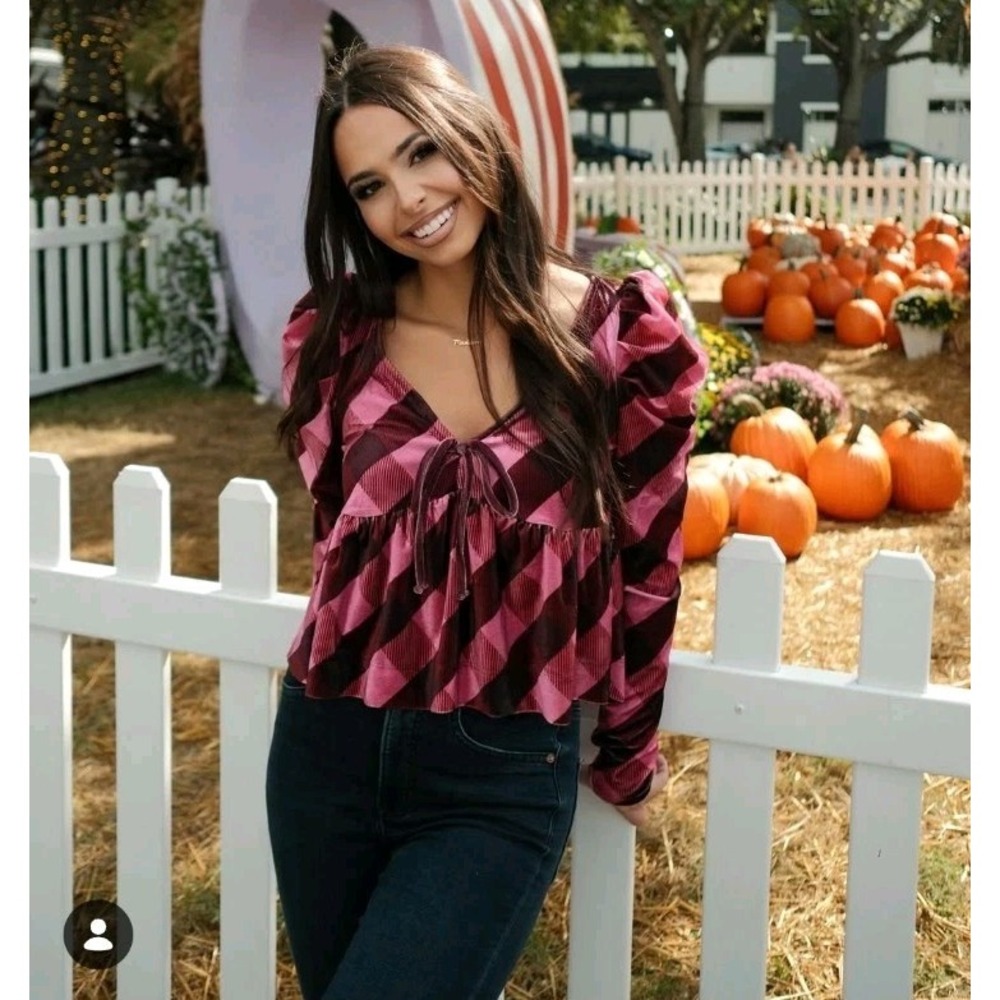 Maeve Anthropologie Pink Velvet Plaid Babydoll Long Sleeve Blouse Size Medium